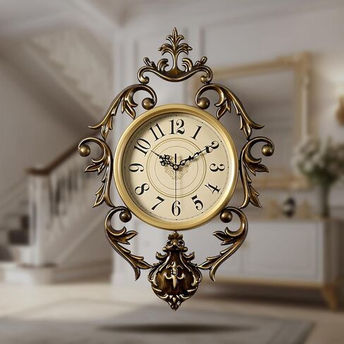 ساعة حائط حديدية عتيقة لغرفة المعيشة، تصميم عتيق مزخرف بحركة كوارتز صامتة، ساعة حائط كلاسيكية فاخرة كبيرة، تعمل بالبطارية، إطار معدني، 21 بوصة ارتفاع × 15 بوصة عرض in Kuwait