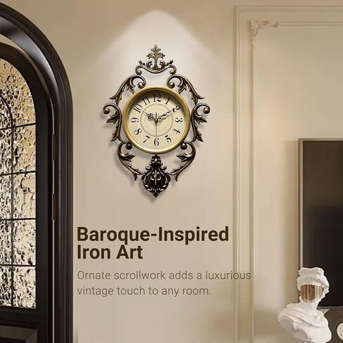 ساعة حائط حديدية عتيقة لغرفة المعيشة، تصميم عتيق مزخرف بحركة كوارتز صامتة، ساعة حائط كلاسيكية فاخرة كبيرة، تعمل بالبطارية، إطار معدني، 21 بوصة ارتفاع × 15 بوصة عرض in Kuwait