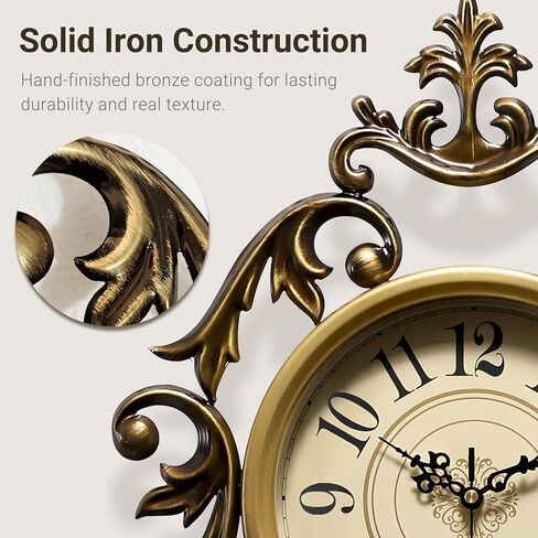 ساعة حائط حديدية عتيقة لغرفة المعيشة، تصميم عتيق مزخرف بحركة كوارتز صامتة، ساعة حائط كلاسيكية فاخرة كبيرة، تعمل بالبطارية، إطار معدني، 21 بوصة ارتفاع × 15 بوصة عرض in Kuwait