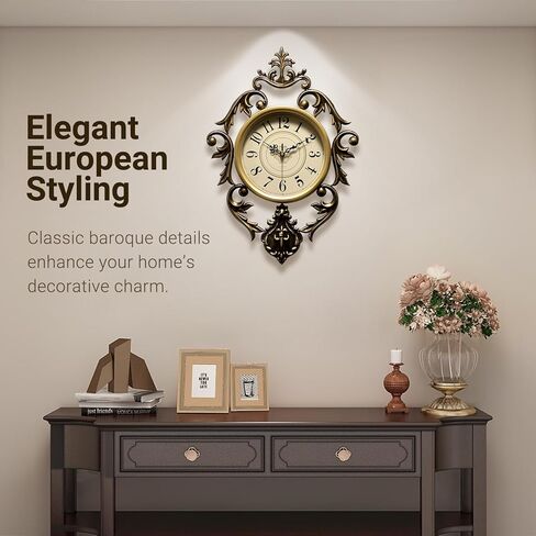 ساعة حائط حديدية عتيقة لغرفة المعيشة، تصميم عتيق مزخرف بحركة كوارتز صامتة، ساعة حائط كلاسيكية فاخرة كبيرة، تعمل بالبطارية، إطار معدني، 21 بوصة ارتفاع × 15 بوصة عرض in Kuwait