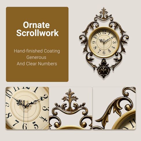 ساعة حائط حديدية عتيقة لغرفة المعيشة، تصميم عتيق مزخرف بحركة كوارتز صامتة، ساعة حائط كلاسيكية فاخرة كبيرة، تعمل بالبطارية، إطار معدني، 21 بوصة ارتفاع × 15 بوصة عرض in Kuwait