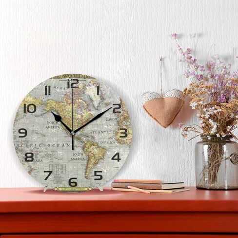 Vintage World Map Round Wall Clock Silent Non Ticking, Retro Arabic Numerals Design Clock for Home,Office,School Art Decorative in Saudi Arabia