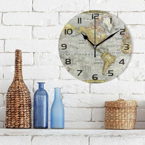 Vintage World Map Round Wall Clock Silent Non Ticking, Retro Arabic Numerals Design Clock for Home,Office,School Art Decorative in Saudi Arabia