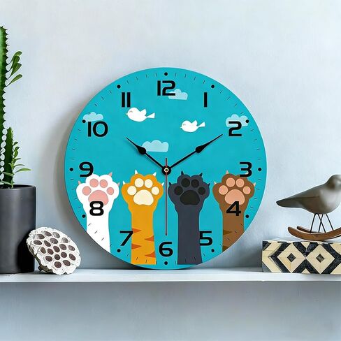 Cute Cat Paw Wall Clock - Vintage Wooden, Silent Non-Ticking, Battery Operated, Arabic Numerals - Decorative for Kitchen, Office, Classroom (Inches, 12) in Saudi Arabia