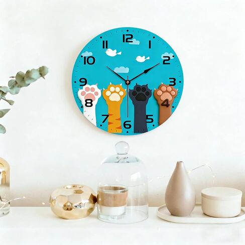 Cute Cat Paw Wall Clock - Vintage Wooden, Silent Non-Ticking, Battery Operated, Arabic Numerals - Decorative for Kitchen, Office, Classroom (Inches, 12) in Saudi Arabia