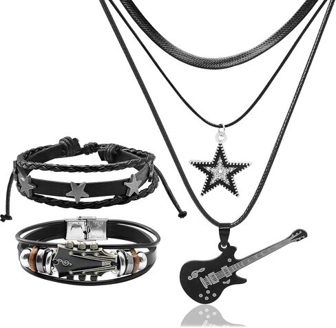 3 Pcs Emo Grunge Star Guitar Leather Bracelet Necklace Set for Women Men Layered Y2k Star Guitar Necklaces Retro PU Music Bracelets Punk Stars Bracelet Music Shape Alt Punk Rock Outfits in Kuwait