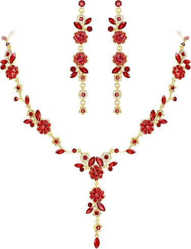 Flyonce Floral Jewelry Sets for Women, Wedding Brides Bridal Rhinestone Crystal Flower Leaf Vine Pendant Necklace Long Dangle Earrings Set for Prom Party in Saudi Arabia