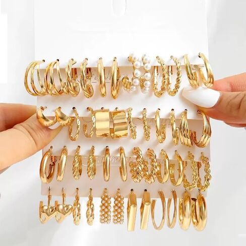 24 Pairs Gold Hoop Earrings Set for Women, Fashion Hypoallergenic Twisted Statement Earrings for Womens Christmas Birthday Jewelry Gifts（Style 5） in Saudi Arabia