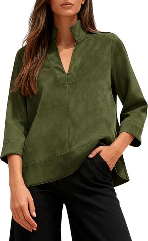 Yidarer Women's Faux Suede Tunic Tops V-Neck 3/4 Sleeve Stand Collar Relaxed Fit Blouse 2026 Casual Daily Wear in Kuwait