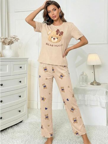 Womens Pajama Set, 2 Piece Bear Sleepwear Soft Short Sleeve Crew Neck Top and Long Pants Matching Pajamas Graphic Lounge Set in Saudi Arabia