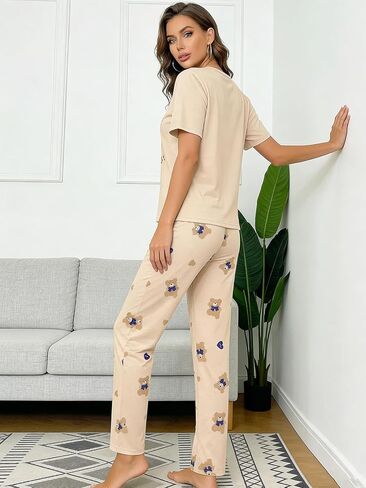 Womens Pajama Set, 2 Piece Bear Sleepwear Soft Short Sleeve Crew Neck Top and Long Pants Matching Pajamas Graphic Lounge Set in Saudi Arabia