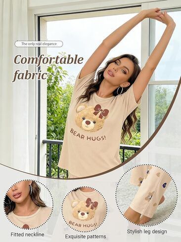 Womens Pajama Set, 2 Piece Bear Sleepwear Soft Short Sleeve Crew Neck Top and Long Pants Matching Pajamas Graphic Lounge Set in Saudi Arabia
