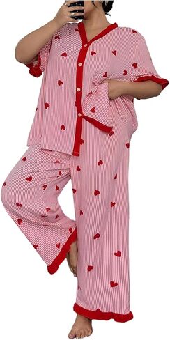 طقم بيجامة نسائي مكون من قطعتين مقاس كبير من MakeMeChic صيفي مخطط بطباعة قلب وقميص نصف كم وسروال PJ Set in Saudi Arabia