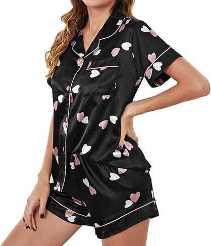 ICNGLKSND Women Satin Heart Short Pajama Set 2PCS Lounge Lingerie with Chest Pocket Button Up Nightshirt Baggy Bottom Shorts in Kuwait