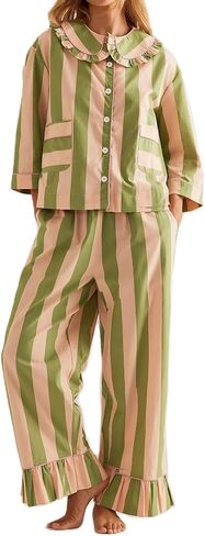 XBTCLXEBCO Womens Striped 2 Piece Pajamas Sets Long Sleeve Button Babydoll Shirt Tie Up Ruffle Pants Lounge Set Y2K Sleepwear in Kuwait