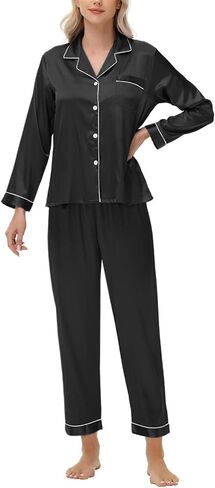 Womens Pajama Sets Satin Silk Pjs Classic Button Down Sleepwear Soft Long Sleeve Lounge Sets Nightwear for Women in Saudi Arabia
