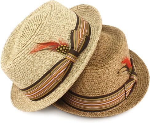 قبعة صيفية للرجال من Porkpie Gambler Derby Fedora مصنوعة من الريش مقاس L/XL 58 سم in Kuwait