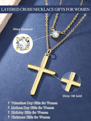 Cross Necklace for Women, 14K Gold Layered Cross Pendant with Diamond, Christian Religious First Communion Gifts for Women in Saudi Arabia