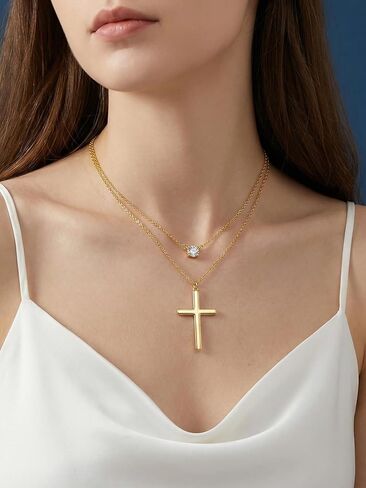 Cross Necklace for Women, 14K Gold Layered Cross Pendant with Diamond, Christian Religious First Communion Gifts for Women in Saudi Arabia