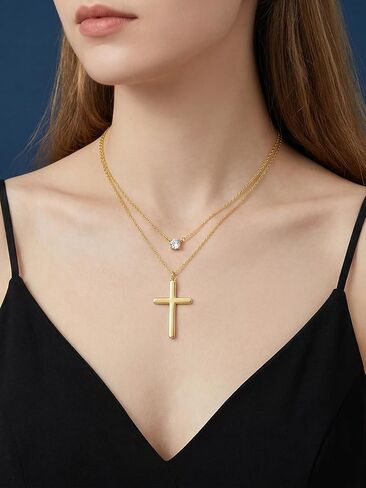 Cross Necklace for Women, 14K Gold Layered Cross Pendant with Diamond, Christian Religious First Communion Gifts for Women in Saudi Arabia