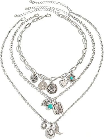 Layered Boho Necklaces for Women Turquoise Western Jewelry for Women Cactus Ox-Head Cross Hat Boots Country Necklace Stack Cowboy Cowgirl Necklace Bohemian Concert Outftis for Women Western Accessories Summer Beach Jewelry in Kuwait