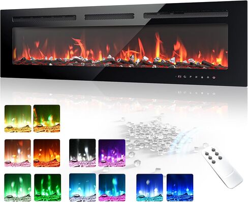 EUHOMY 50 Inch Electric Fireplace Wall Recessed and Wall Mounted with Adjustable Flame Color, Fireplace Heater with Remote Control, Linear Fireplace with Timer, Touch Screen, Log & Crystal, 750/1500W in Kuwait