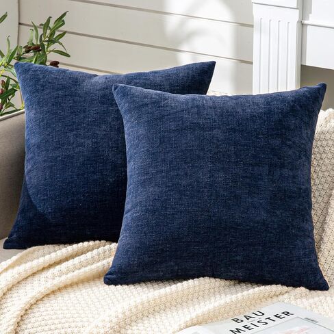 GAWAMAY Decorative Square Throw Pillow Covers 18"x18" Inch Set of 2, Super Soft Chenille Pillows Cover Fall Pillowcase for Living Room Bedroom Sofa Couch Cushion Cover Navy Blue 45x45cm (Only Covers) in Kuwait