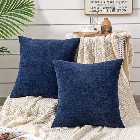 GAWAMAY Decorative Square Throw Pillow Covers 18"x18" Inch Set of 2, Super Soft Chenille Pillows Cover Fall Pillowcase for Living Room Bedroom Sofa Couch Cushion Cover Navy Blue 45x45cm (Only Covers) in Kuwait