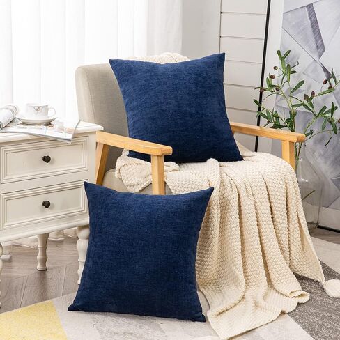 GAWAMAY Decorative Square Throw Pillow Covers 18"x18" Inch Set of 2, Super Soft Chenille Pillows Cover Fall Pillowcase for Living Room Bedroom Sofa Couch Cushion Cover Navy Blue 45x45cm (Only Covers) in Kuwait
