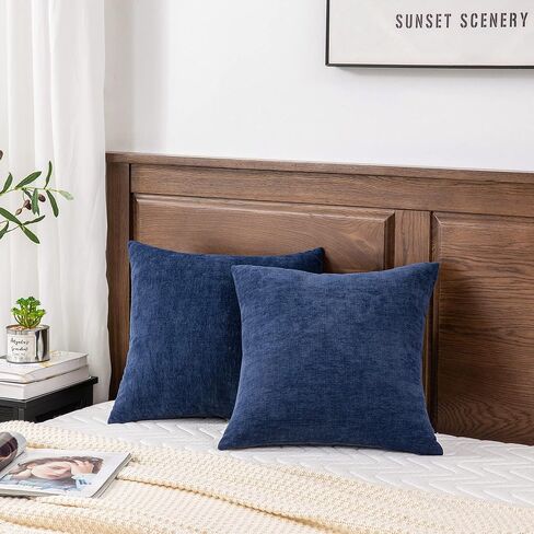 GAWAMAY Decorative Square Throw Pillow Covers 18"x18" Inch Set of 2, Super Soft Chenille Pillows Cover Fall Pillowcase for Living Room Bedroom Sofa Couch Cushion Cover Navy Blue 45x45cm (Only Covers) in Kuwait