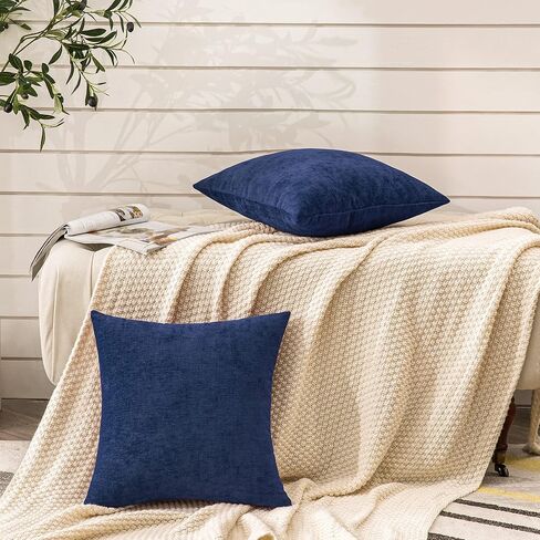 GAWAMAY Decorative Square Throw Pillow Covers 18"x18" Inch Set of 2, Super Soft Chenille Pillows Cover Fall Pillowcase for Living Room Bedroom Sofa Couch Cushion Cover Navy Blue 45x45cm (Only Covers) in Kuwait