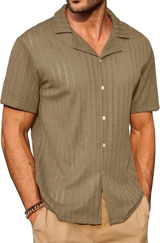 Men Knit Button Down Shirts Textured Summer Beach Casual Hollow Out Cuban Top (S-XXL) in Saudi Arabia