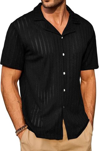 Men Knit Button Down Shirts Textured Summer Beach Casual Hollow Out Cuban Top (S-XXL) in Saudi Arabia