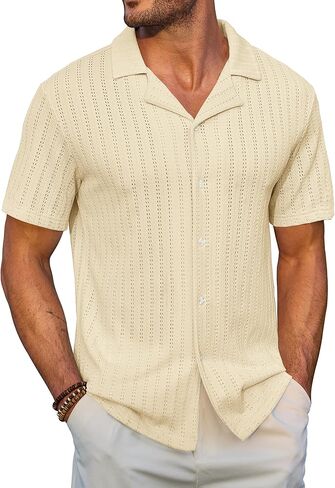 Men Knit Button Down Shirts Textured Summer Beach Casual Hollow Out Cuban Top (S-XXL) in Saudi Arabia