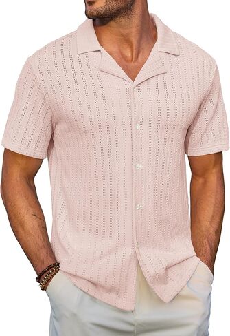 Men Knit Button Down Shirts Textured Summer Beach Casual Hollow Out Cuban Top (S-XXL) in Saudi Arabia