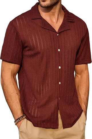Men Knit Button Down Shirts Textured Summer Beach Casual Hollow Out Cuban Top (S-XXL) in Saudi Arabia