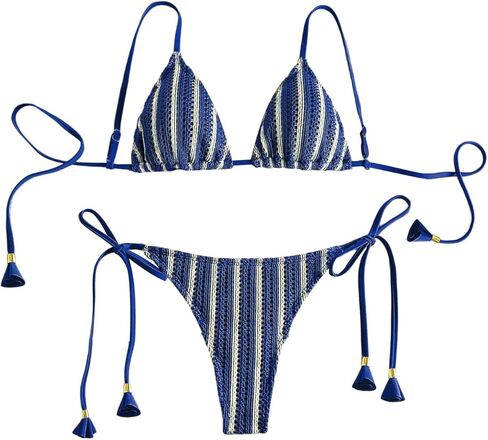 WDIRARA Women's Striped Crochet 2 Piece Swimsuit Triangle Thong Bikini Set High Cut Bathing Suit in Saudi Arabia