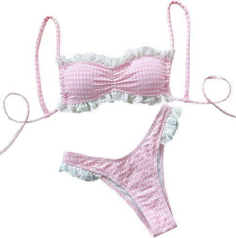Verdusa Women's 2 Piece Gingham Bikini Set Ruffle Eyelet High Cut Swimsuits Vacation Outfits in Saudi Arabia