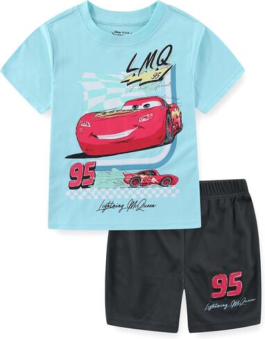 طقم تي شيرت بأكمام قصيرة للأولاد من Disney Cars Lightning McQueen ومجموعة قصيرة شبكية للأطفال الصغار والكبار in Saudi Arabia