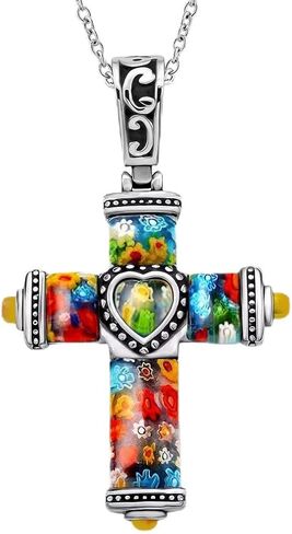 Shop LC Colorful Rainbow Cross Necklace for Women Christian Jewelry Black Oxidized Murano Style Millefiori Glass Flower Stainless Steel Chain Size 20" Catholic Faith Religious Birthday Gifts for in Kuwait