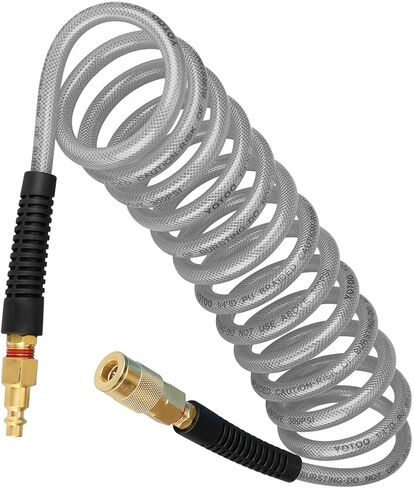 YOTOO Reinforced Polyurethane Recoil Air Hose 1/4" Inner Diameter by 10' Long, Heavy Duty, Flexible Air Compressor Hose with Bend Restrictor, 1/4" Swivel Industrial Quick Coupler and Plug, Gray in Kuwait