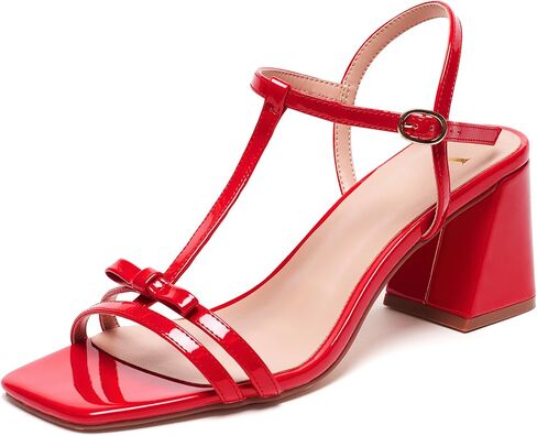 Women's Chunky Heel Strappy Sandals - Square Toe T-Strap Bow Detail Block Heels Open Toe Dress Shoes for Wedding, Party, Summer in Kuwait