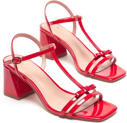 Women's Chunky Heel Strappy Sandals - Square Toe T-Strap Bow Detail Block Heels Open Toe Dress Shoes for Wedding, Party, Summer in Kuwait