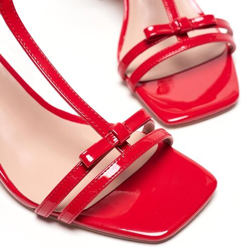 Women's Chunky Heel Strappy Sandals - Square Toe T-Strap Bow Detail Block Heels Open Toe Dress Shoes for Wedding, Party, Summer in Kuwait