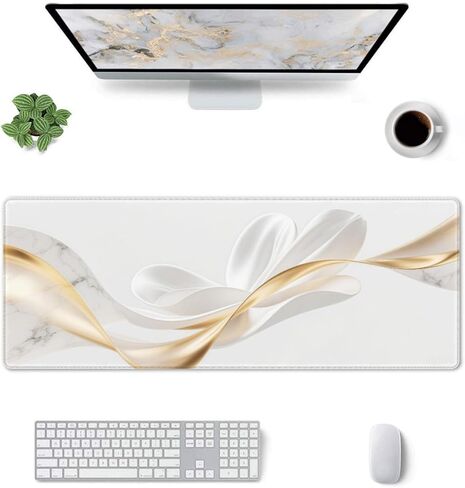 سجادة مكتب كبيرة من الرخام الذهبي الأبيض - لوحة ماوس كمبيوتر مقاومة للماء مقاس 31.5 بوصة × 11.8 بوصة، سطح قماشي قابل للغسل مع قاعدة مطاطية للاستخدام المكتبي والمنزلي، سجادة لوحة مفاتيح ممتدة (300 × 800 × 3 مم) in Kuwait