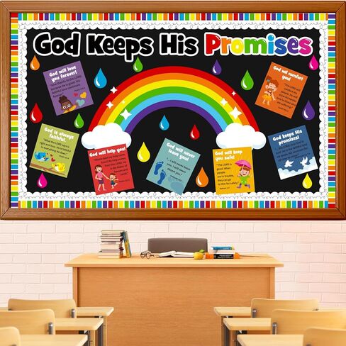 Christian Sunday School Bulletin Board Decoration Set, Religious VBS Lord Classroom Decorations Rainbow Cutouts Bible School Library Church Window Wall Door Decor for Teacher(God Keeps His Promises) in Kuwait