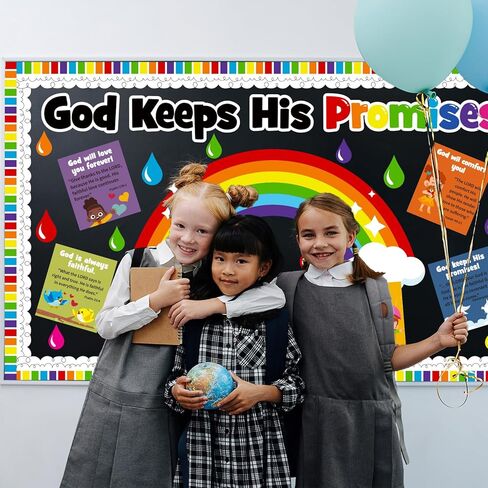 Christian Sunday School Bulletin Board Decoration Set, Religious VBS Lord Classroom Decorations Rainbow Cutouts Bible School Library Church Window Wall Door Decor for Teacher(God Keeps His Promises) in Kuwait