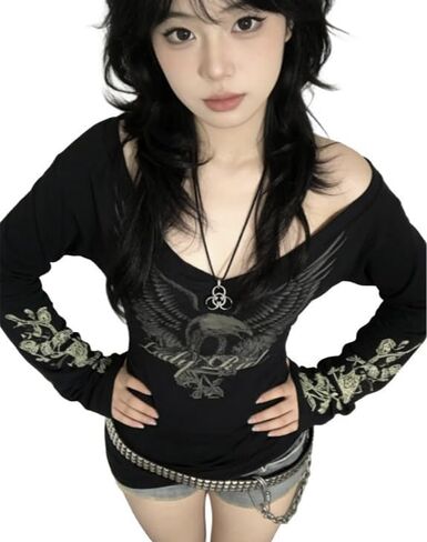 Womens Y2K Vintage Skull Crown Rhinestone Long Sleeve Top Gothic Punk Streetwear Tee Lace-Up Detail Sweatshirt in Saudi Arabia