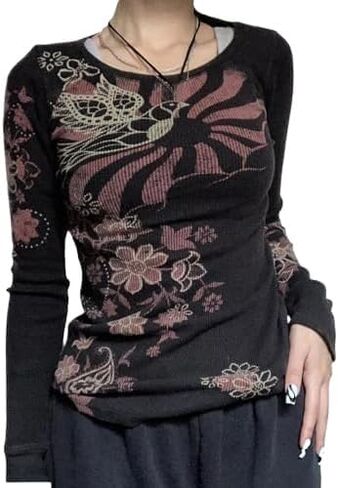 Womens Y2K Vintage Skull Crown Rhinestone Long Sleeve Top Gothic Punk Streetwear Tee Lace-Up Detail Sweatshirt in Saudi Arabia