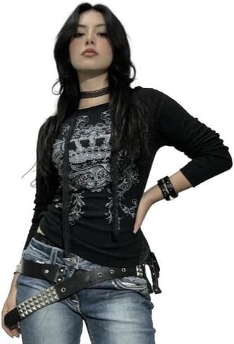 Womens Y2K Vintage Skull Crown Rhinestone Long Sleeve Top Gothic Punk Streetwear Tee Lace-Up Detail Sweatshirt in Saudi Arabia